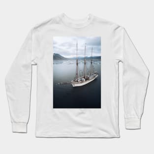 Sailing Ship in front of a Mountain Valley in Norway Long Sleeve T-Shirt